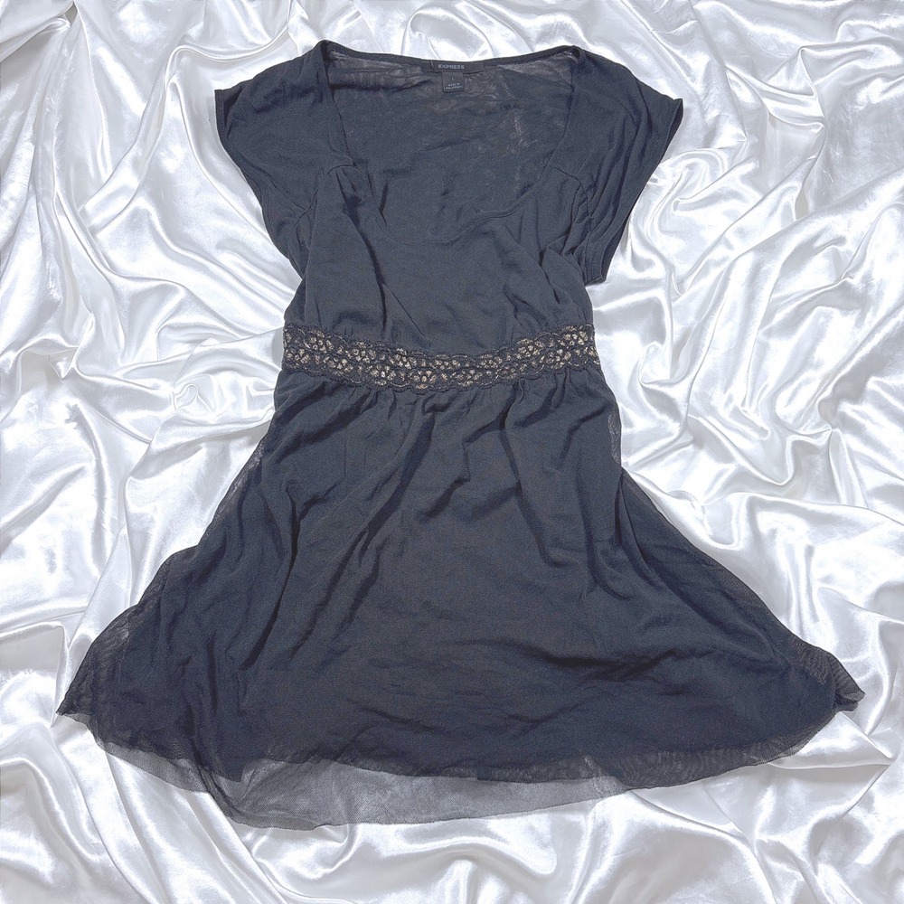 y2k Babydoll Top Black Excellent Mesh Gold Lace Empire Waist Cap Sleeve Blouse